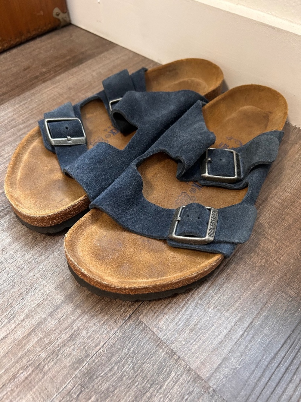 Birkenstock Arizona blue suede soft footbed slides sandals L9 M7 40